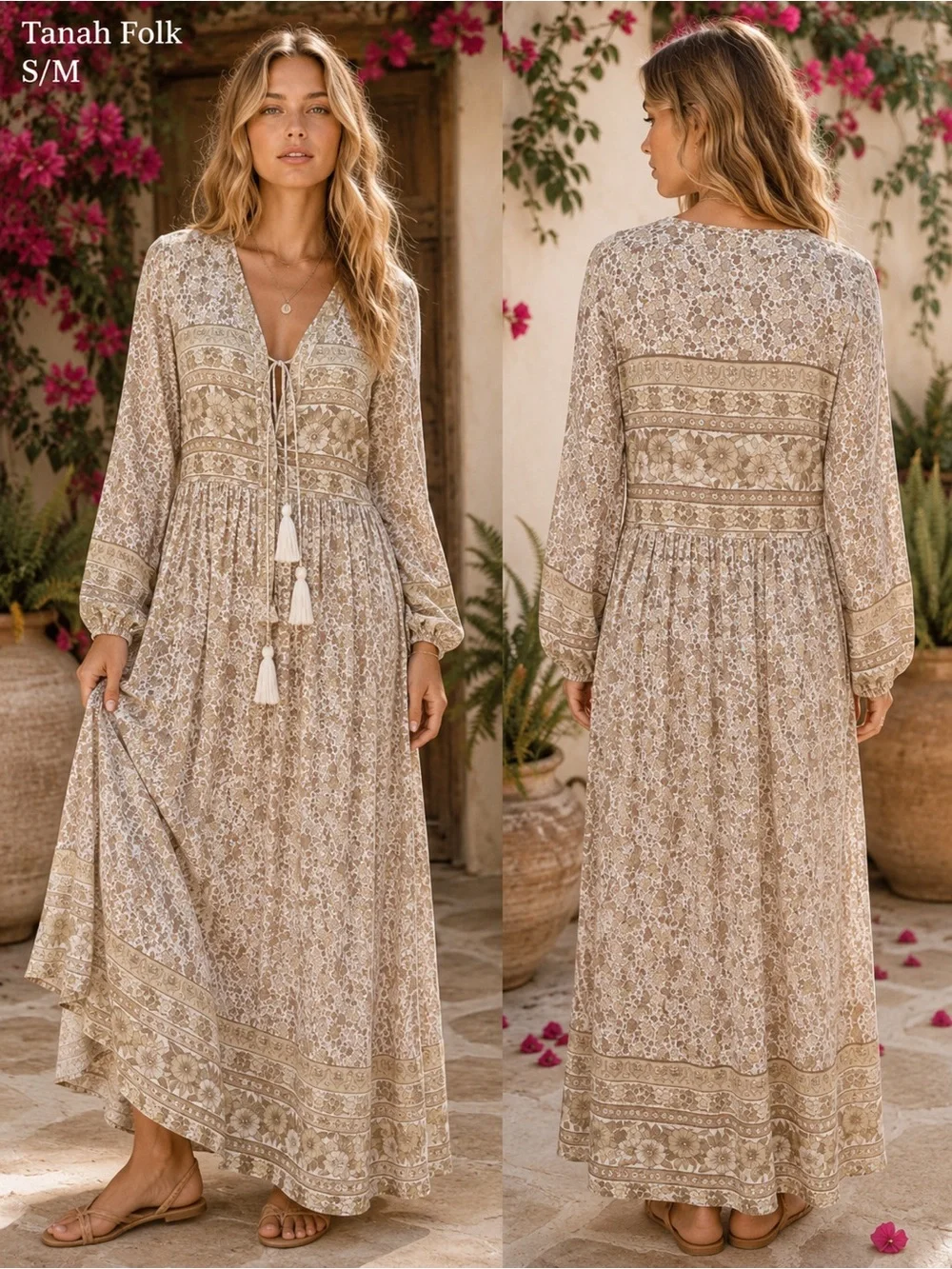 Tanah Folk dress S/M Boho Floral Tassel long Maxi Cottagecore Festival pullover
